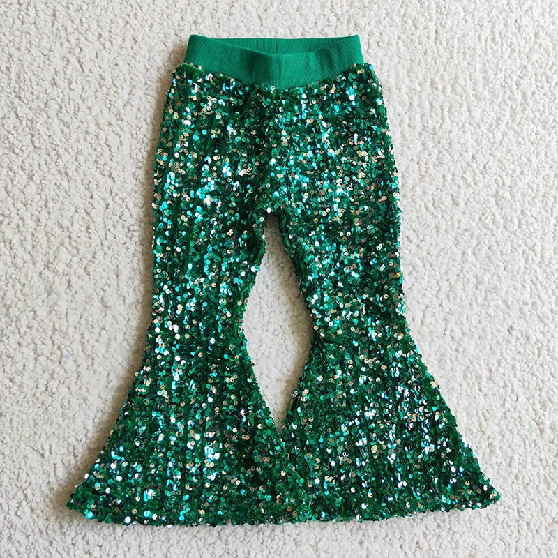 Wholesale Kid Glitter Clothing Baby Girl Toddler Real Sequins Green Color Soft Comfortable Children Lining Bell Bottoms Pants