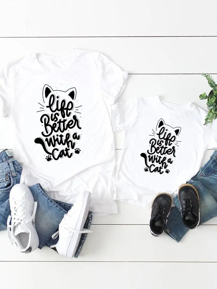 

Women Kid Child Letter Cat Sweet Pet Summer Mom Mama Girl Boy Mother Tshirt Tee T-shirt Clothes Clothing Family Matching Outfits