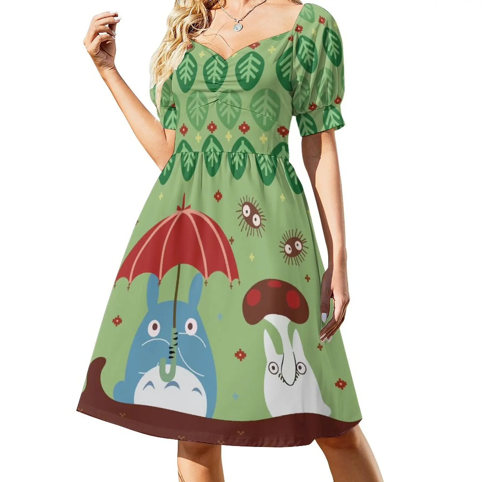 

Cute Totoro Dress Sexy V Neck Green Leaves Print Beach Dresses Women Street Wear Pattern Big Size Casual Dress Gift