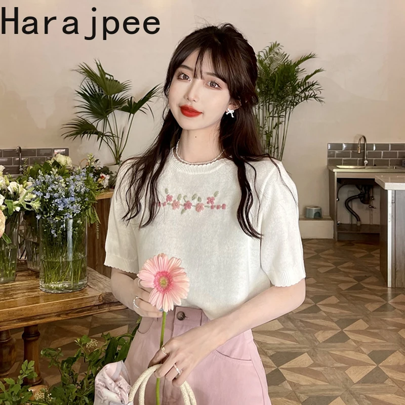 

Harajpee Retro Embroidery Knitted Pullover Sweet Style Spring New Shirt Loose Short Sleeve Round Neck Korean Chic Women Tops