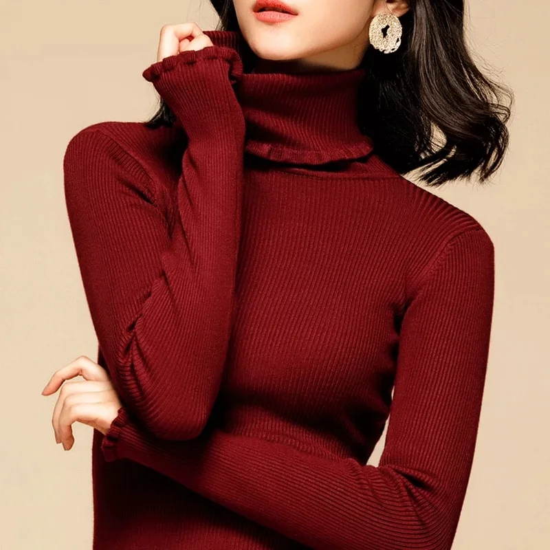 

2023 Autumn Winter Large Size Lazy Sweater Pullover Women's Clothing Knitwear Ruffled Turtleneck Slim Sweaters Lady Tops BC200