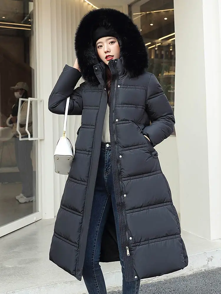 Vielleicht 2022 New Winter Women Puffer Down Jacket Parkas Women Clothes Long Slim Fur Hooded Solid Warm Coats Female Outwear