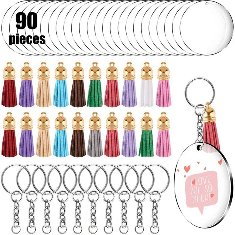 

90/72/60/48PCS Keychain Acrylic Blanks Pendant DIY Making Car Key Ring Pendant with Hole Round Disc Colorful Tassel Supplies