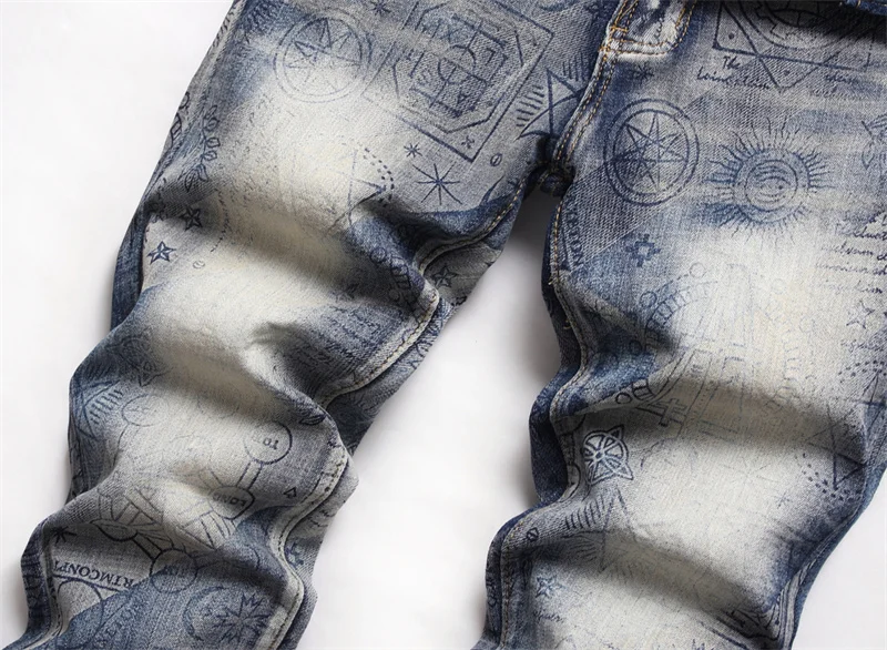 Men's Colorful Graffiti Printed Jeans Y2K Colorful Slim Fit Tapered Elastic Casual Pants Fashion Street Clothing Small Foot Pant