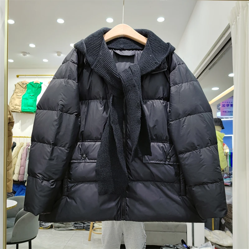 Korean Version 2023 New Fake Two-Piece Women's Loose White Duck Down Coat, Hooded Winter Down Jacket Detachable Knitting Hat