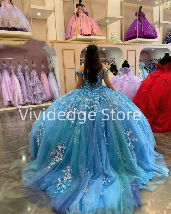 Blue Princess Strapless Corset Prom Dresses 15 Years Formal Occasion Quinceanera Dress Beaded Applique vestidos de quinceañera