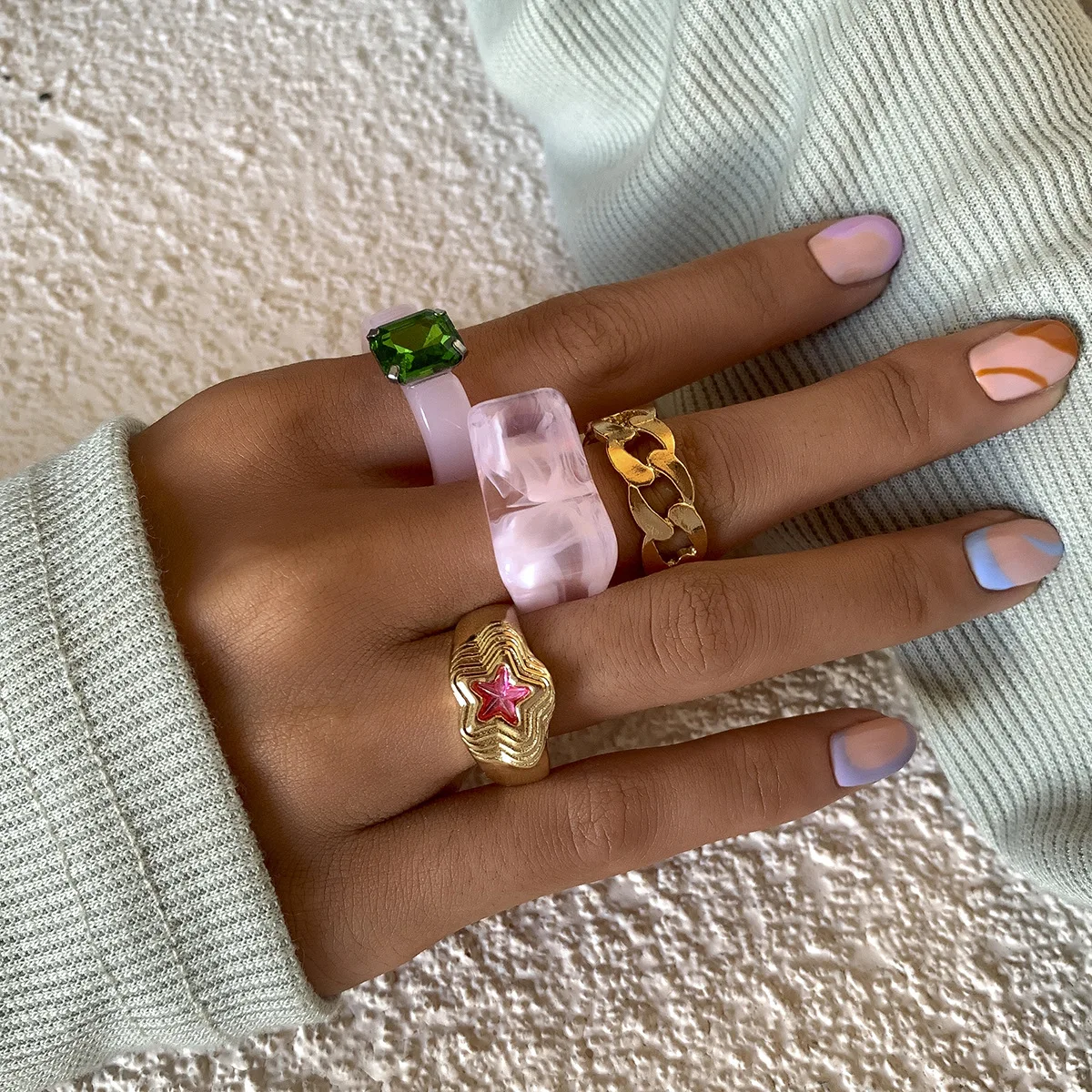

Macarone micro set Rhinestone Ring Star metal tail ring