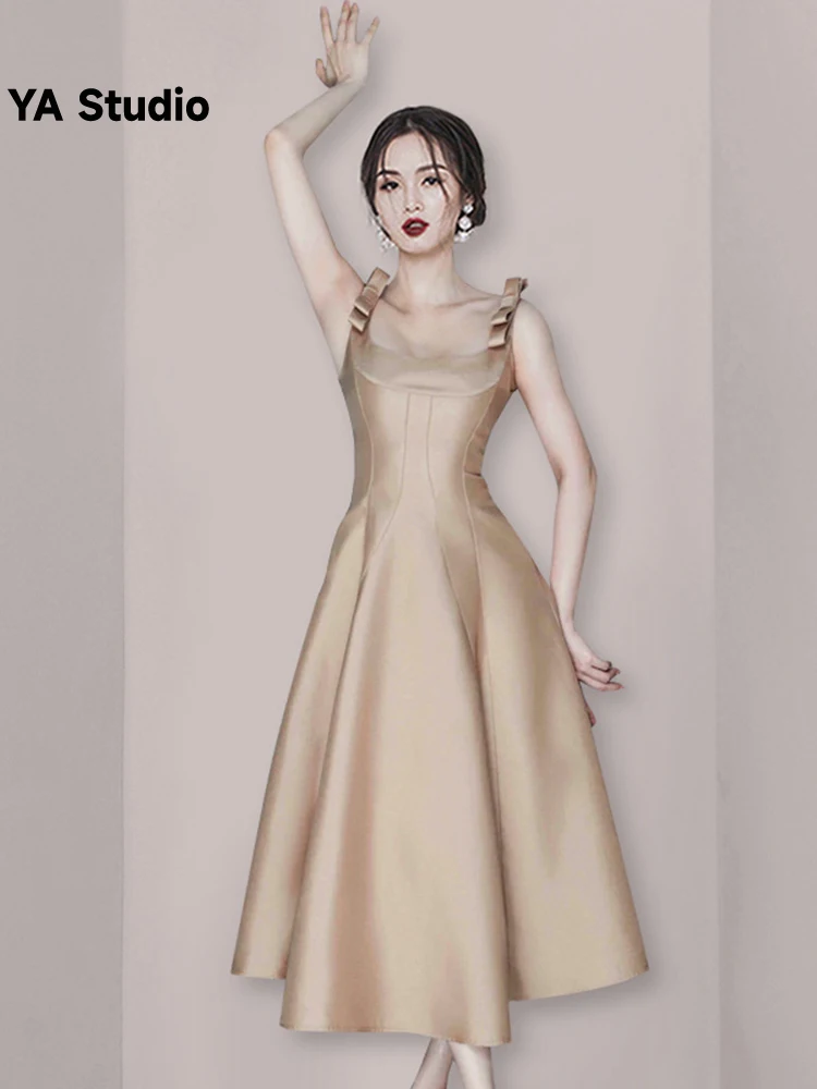 

[YA Studio] Naked Bowtie Shoulder Strap Square Neck Mid Length Dress High Banquet Party Elegant Evening Dress