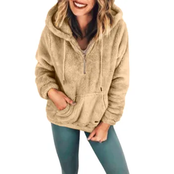 Women Half Zip Hoodie Sweatshirt Winter Solid Fluffy Plush Long-sleeve Hooded Sweatshirt Casual Loose Pullover Top Ropa De Mujer 1