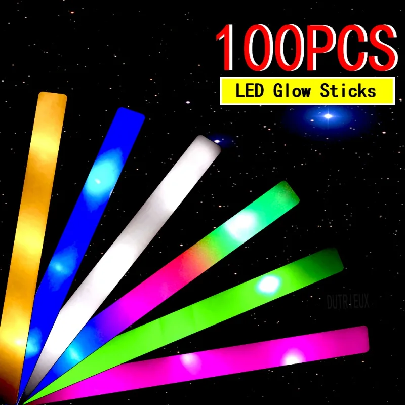 

2023NEW 100PCS Colorful LED Glow Sticks RGB Glow Foam Stick Cheer Tube Light Birthday Wedding Party Supplies