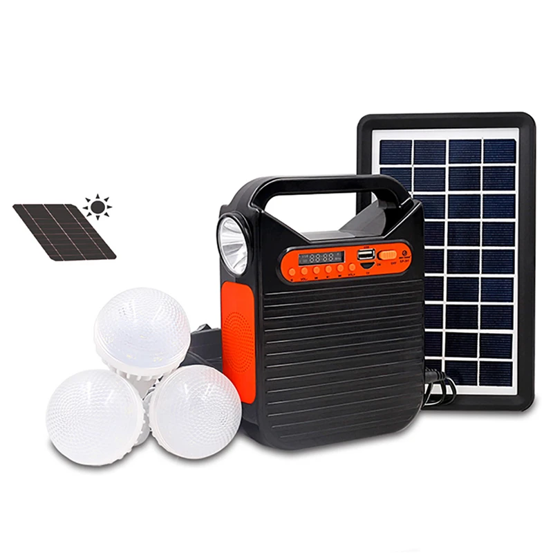 

Reusable Solar Power System with Radio Speaker Outdoor Camping 3LED Bulb Emergency Lighting Portable Solar Panel Generator Kit