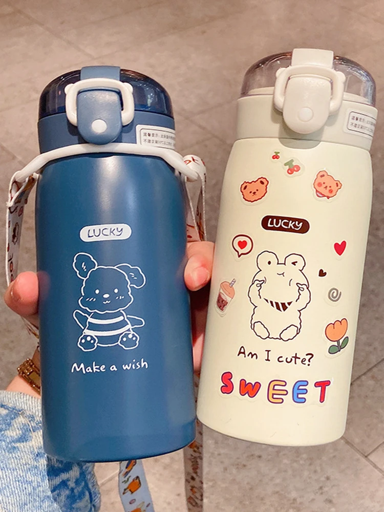 Cute Water Bottle Cartoons Stainless Steel Vacuum Flask Coffee Tea Milk Travel Straw Cup Bear Water Bottle Insulated Thermos
