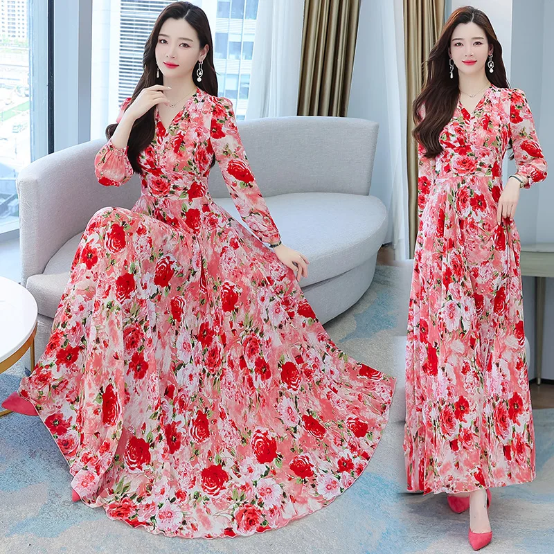Midi Dress  For Women 2023 Spring Long Sleeve Vestidos Elegantes Fiesta Chiffon Casual Floral  muslim maxi dresses for women