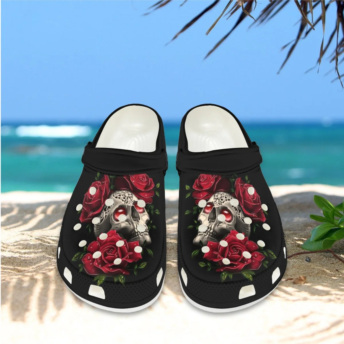 Summer Ladies Beach Slippers 3D Printing Gothic Rose Skull Lightweight Indoor Flat Hole Slippers Non-slip Casual Garden Clogs