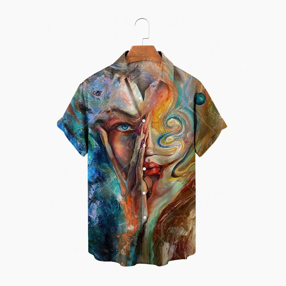

XL men's shirt oil painting print short-sleeved lapel men's shirt fashion slim beachwear Hawaiian shirt