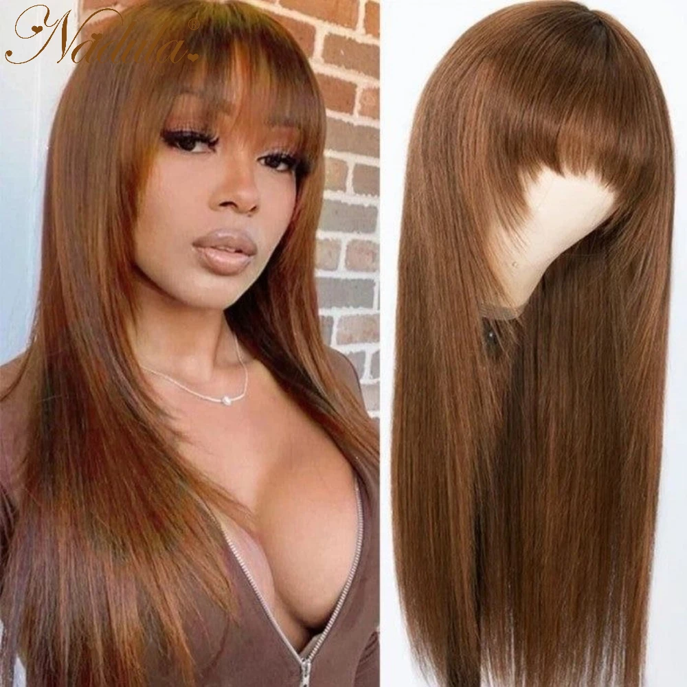 Straight With Bangs Classic Cap Layer Cut Wigs 100% Human Hair Wigs Machine Made  For Women