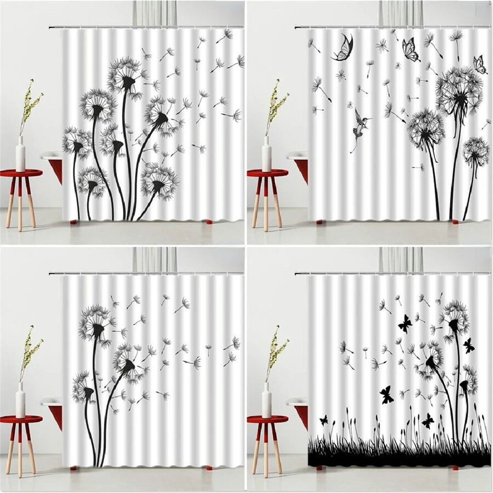 Flower Dandelion Shower Curtains Black White Simple Bath Curtain with Hooks Flying Butterfly Bird Grass Pattern Bathroom Decor