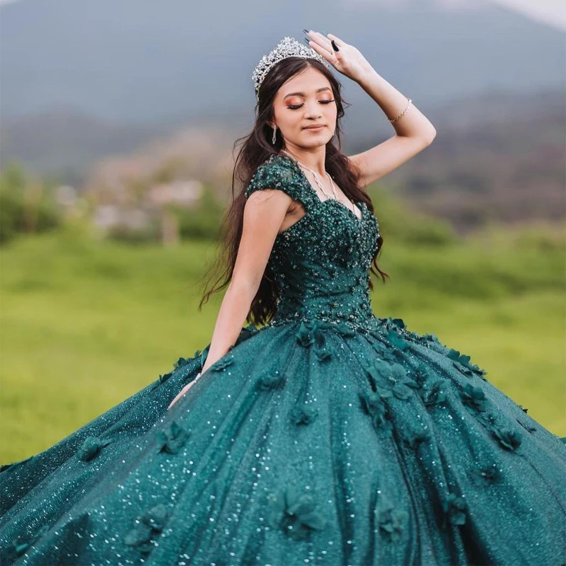 

Изумрудно-зеленые платья для Quinceanera без рукавов блестящее Тюлевое бальное платье с аппликацией для конкурса красоты Вечернее Платье милое бальное платье