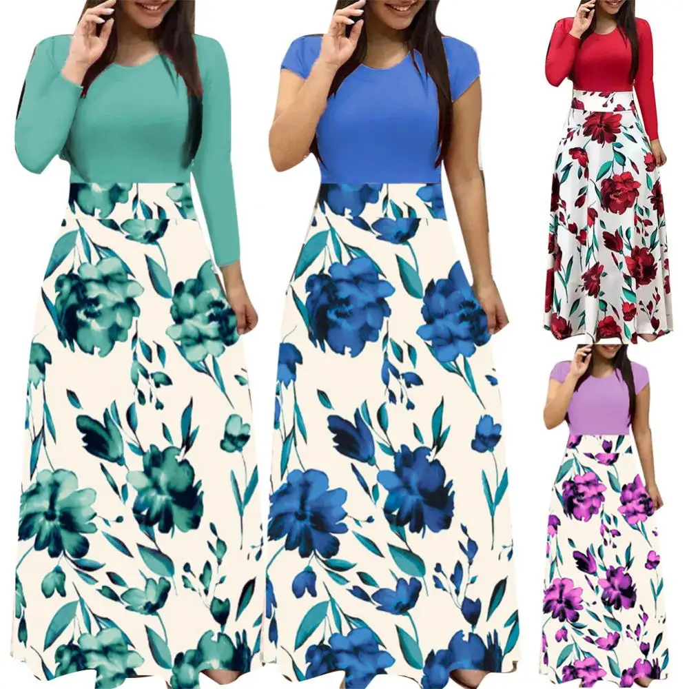 

Women Dress Tight O Neck Short Sleeve Long Floral Print Large Hem Waist Maxi Dress