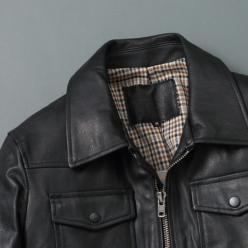 Мужская летная куртка из натуральной кожи черная облегающая кожаная с верхним