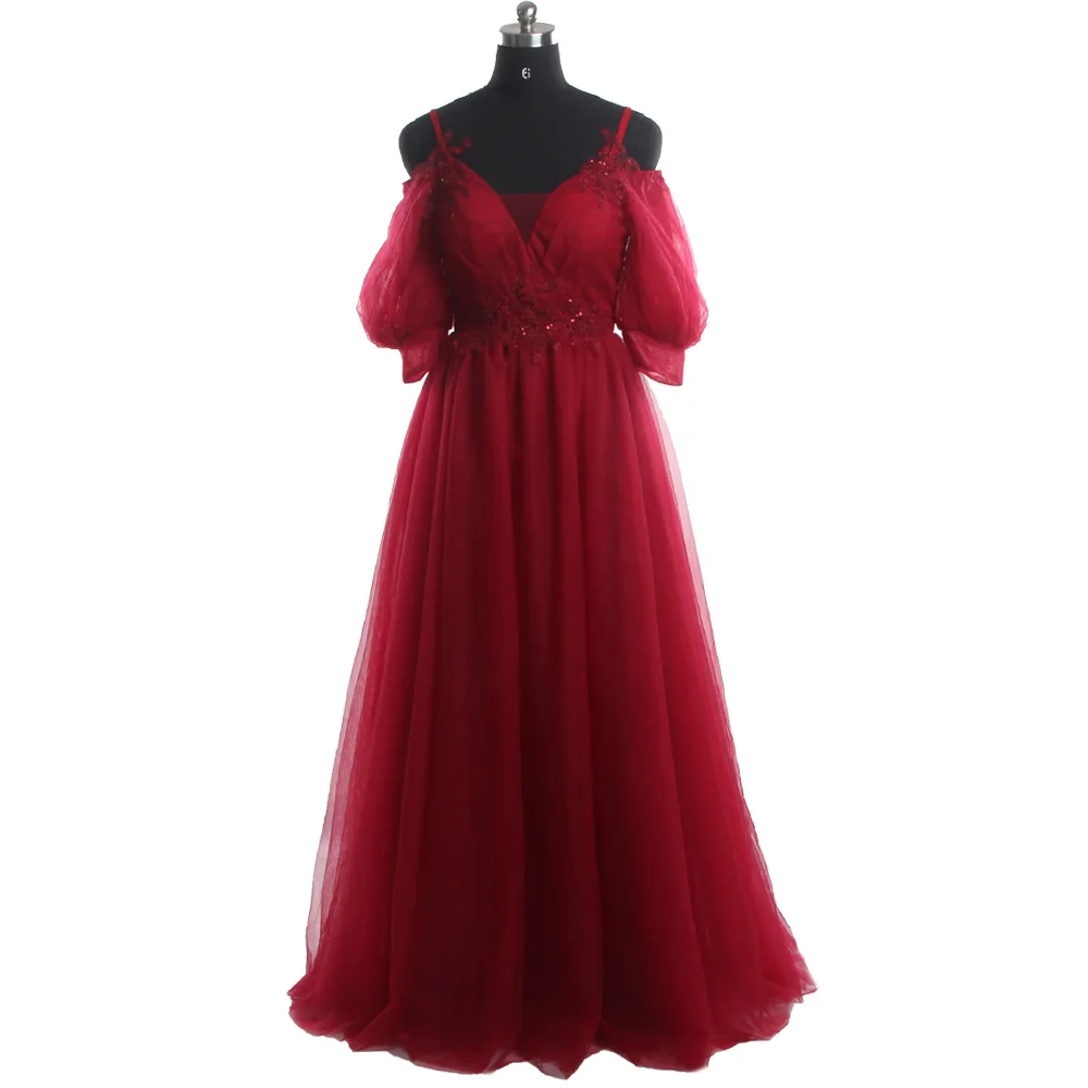 

Evening Dresses Burgundy Tulle V-neck Half Sleeves Bling Appliques Lace up A-line Floor Length Plus size Women Party Dress B297