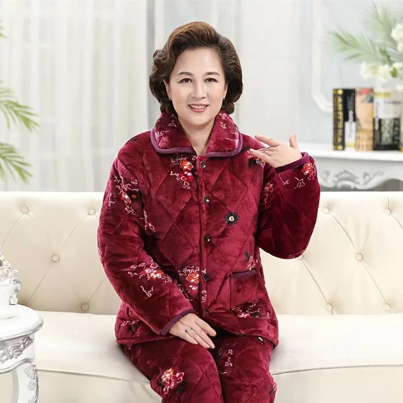 Пижамный костюм для женщин среднего возраста зимний трехслойный плотный теплый