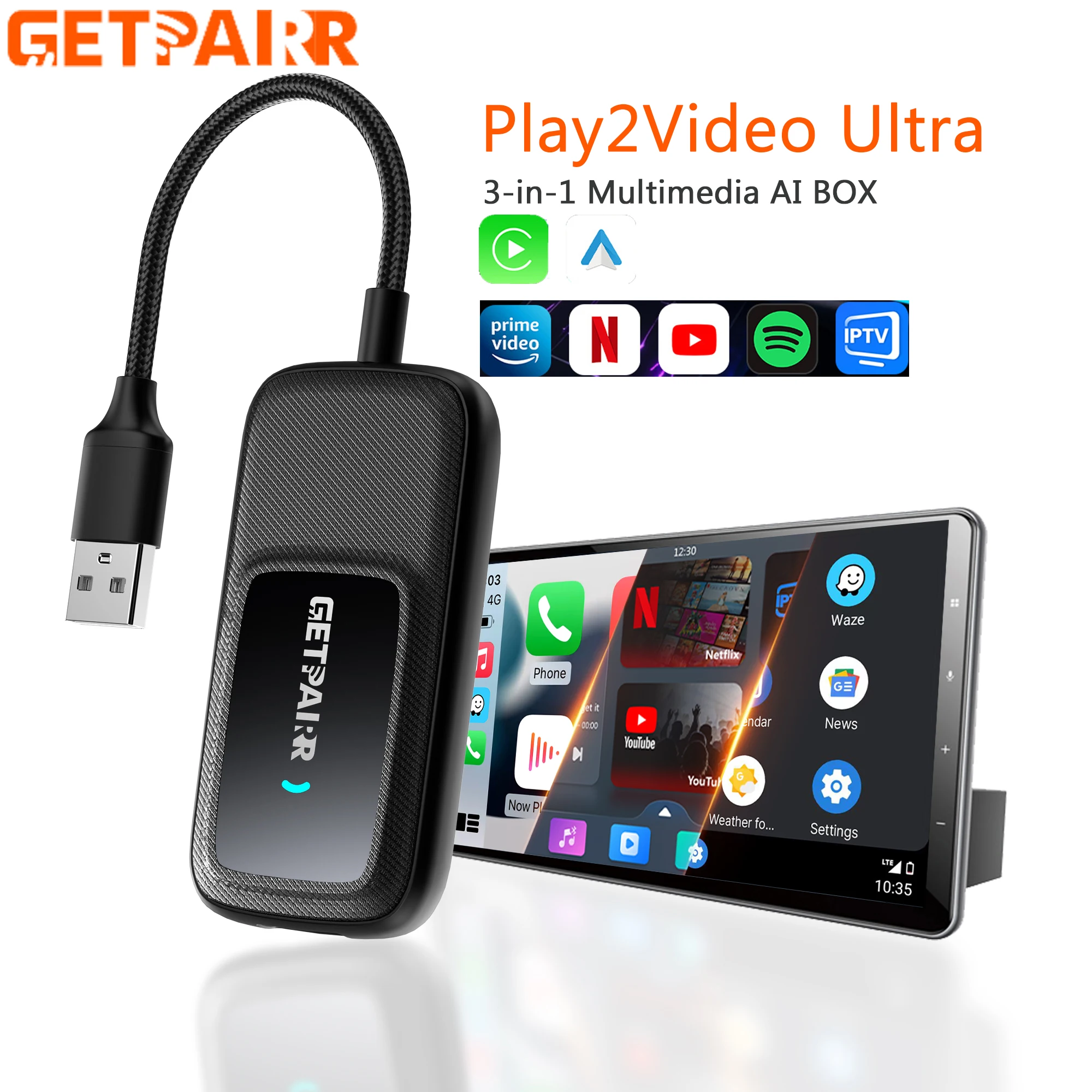 

Getpairr Play2Video Ultra Carplay Ai Box Беспроводной Android Авто Адаптер Встроенный Youtube Netflix IPTV Video Box для VW Benz Audi