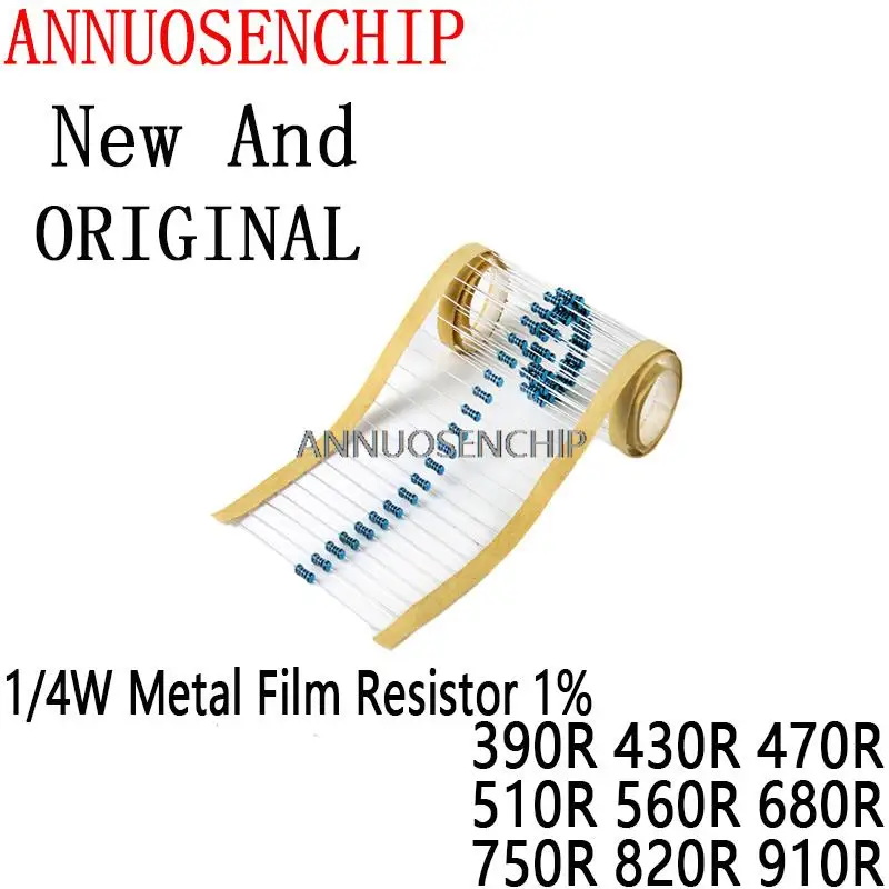 Металлический пленочный резистор 100 1% 390 430 470 510 560 620 680 750 820 Ом 390R 430R 470R 510R 560R 620R 680R 750R 820R 910R, 910 шт.