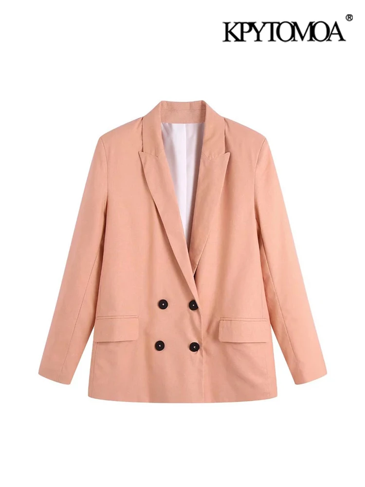

KPYTOMOA Women Fashion Double Breasted Linen Blazer Coat Vintage Long Sleeve Flap Pockets Female Outerwear Chic Veste Femme