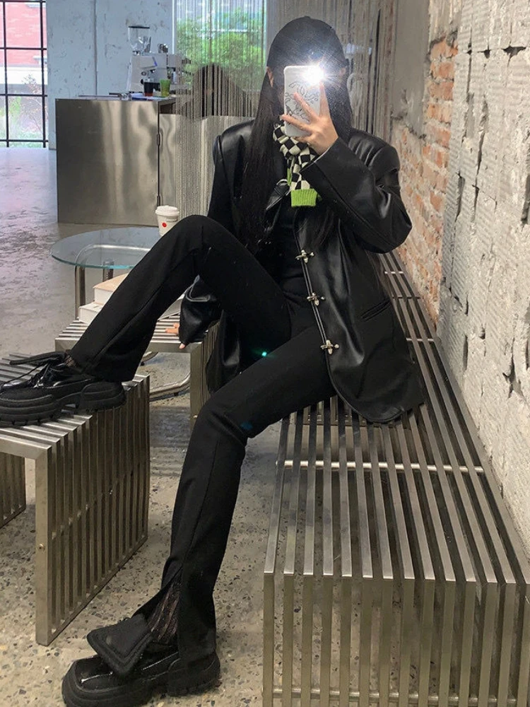 Korean Black Women's Motorcycle Leather Jacket High Street Chic Button Loose Moto Jacket Autumn Streetwear Lady Biker Coat 2022