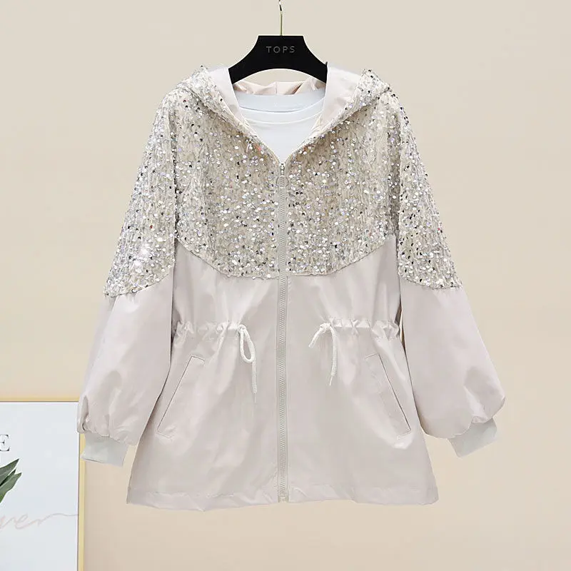 

2023 New Autumn Women Jacket Long Sleeve Hooded Female Windbreaker Heavy industry Sequins Jackets Loose Black Overcoat Outwear