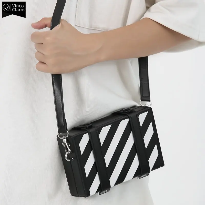

VC Diagonal Striped Shoulder Box Bag Men's PU Leather Messenger Bag Personality Streetwear Crossbody Bags for Men 19*5*12cm