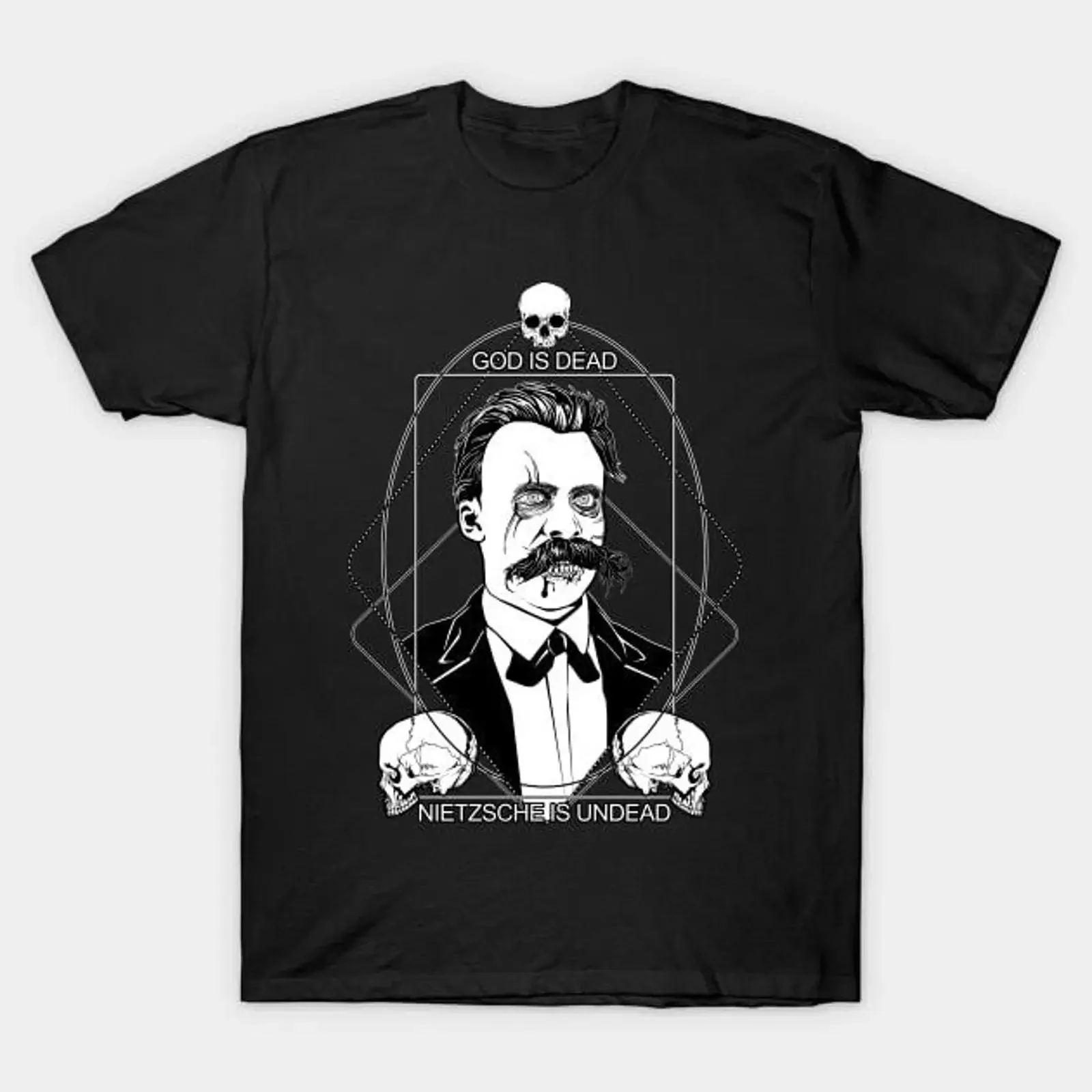 Фото Футболка GOTT IST TOT NIETZSCHE UNTOT, размеры S-5XL, быстрая доставка, винтажная, с эффектом потертости, мужская, для повседневной носки, удобная, стильная. №1