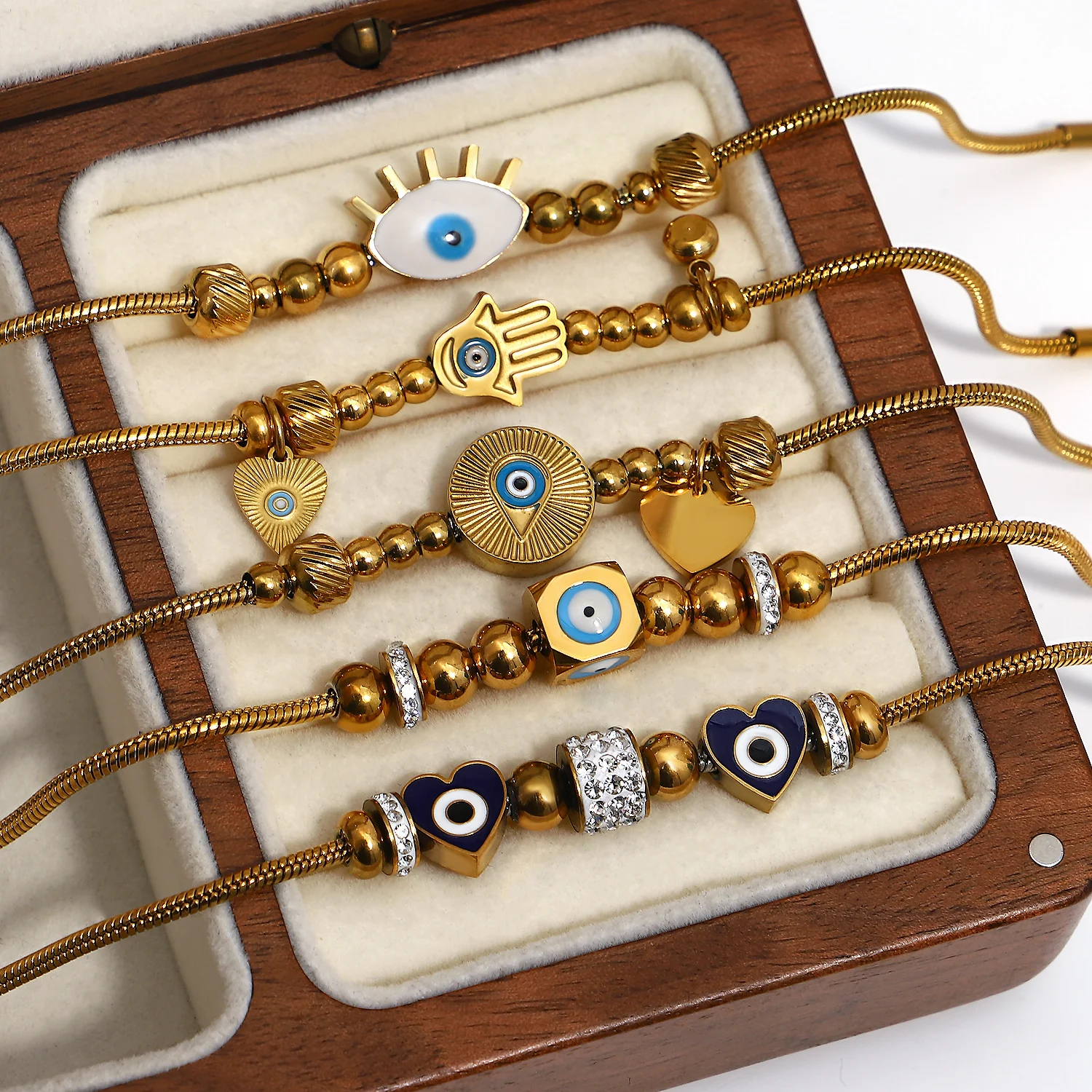 

Lucky Evil Eye Stainless Steel Bangle Women Charm Fatima Hand Pendant Stackable Bracelets Rhinestone Beads Bracelet Jewelry Gift