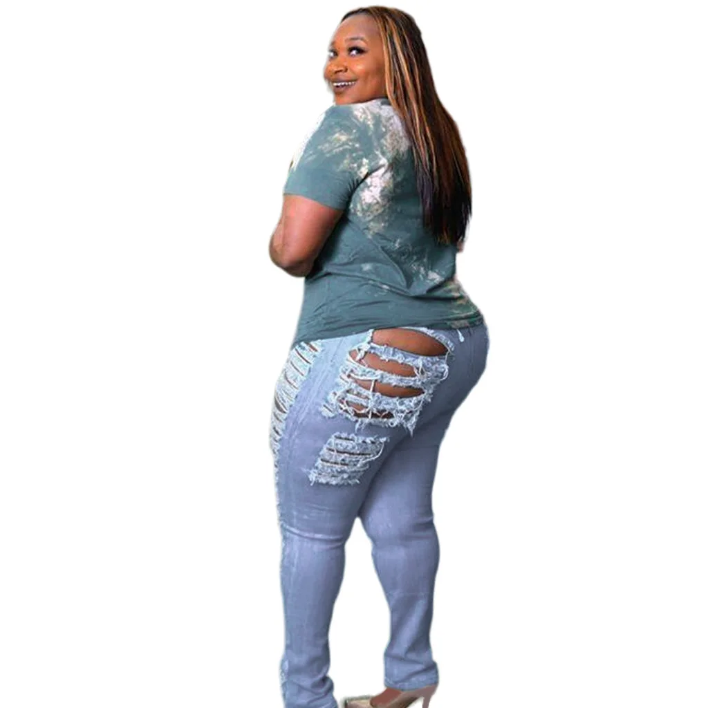 Plus Size Jeans Plus Size Women Clothing Solid High Waist Hollow Out Personalized Slim Fit Stretch Denim Leggings Zipper Fly