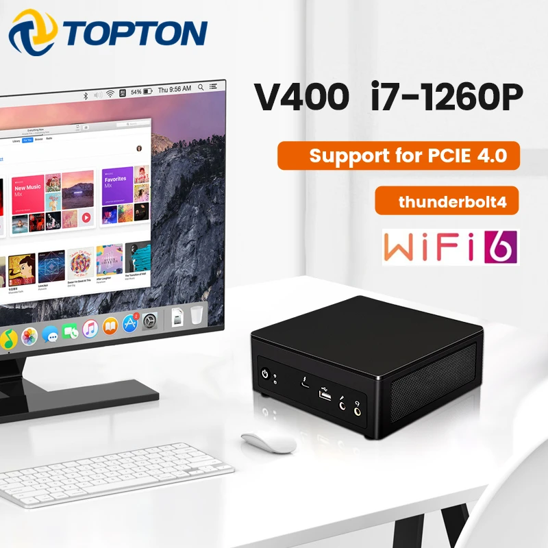 Игровой мини-компьютер Topton V400 12-го поколения, игровой компьютер Intel i7 1260P Windows 11 Thunderbolt 4 2 * DDR4 PCIE4.0 4x4K 8K UHD NUC WiFi6