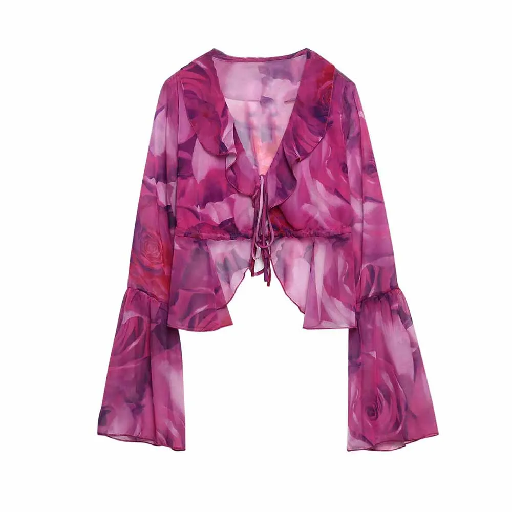 

ZATRHMBM 2022 women's spring and summer new fashion high street ruffled flared sleeves V-neck tie roupas femininas