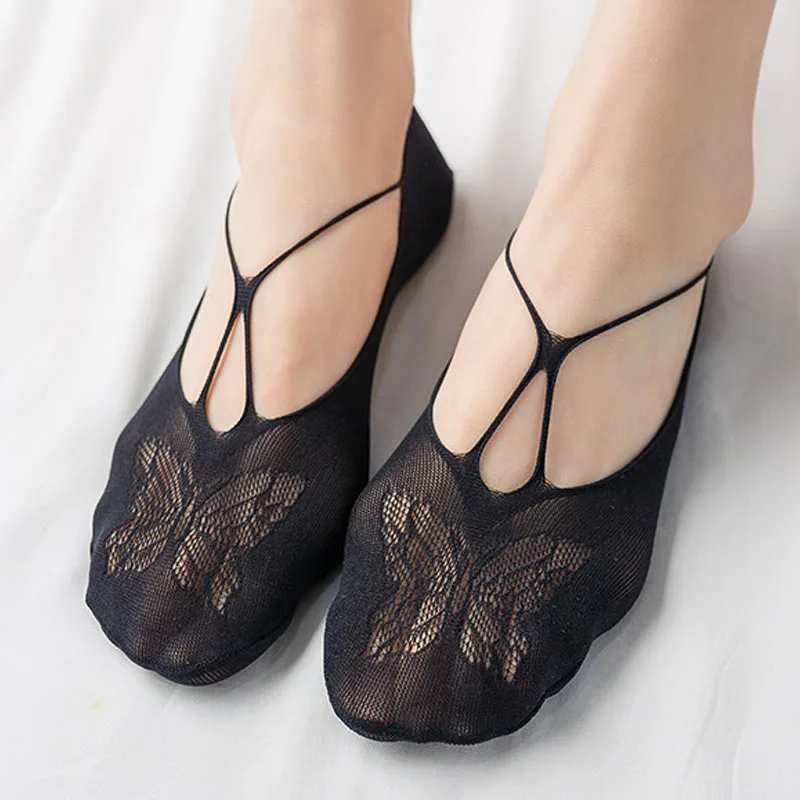 5 Pairs/Lot Socks for Women Butterfly Sexy Summer Thin Silicone Non-slip Boat Silk Socks Female Soft Breathable Invisible Sox
