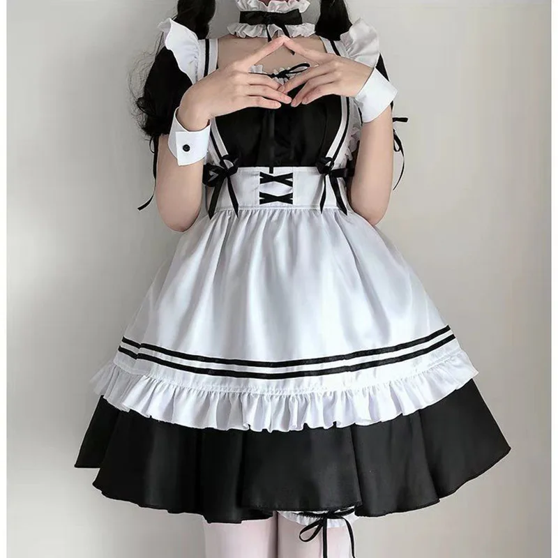 

Sexy Costume Women 1set Sexy Maid Cosplay Costume Women Headwear Apron Fake Collar Bowknot Black Dress Halloween Party Clothing