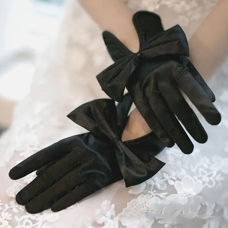 

1 Pair White Girl Satin BowWedding Gloves Solid Bowknot Short Satin Gloves Vintage Bow Full Finger Gloves Wedding Accessories