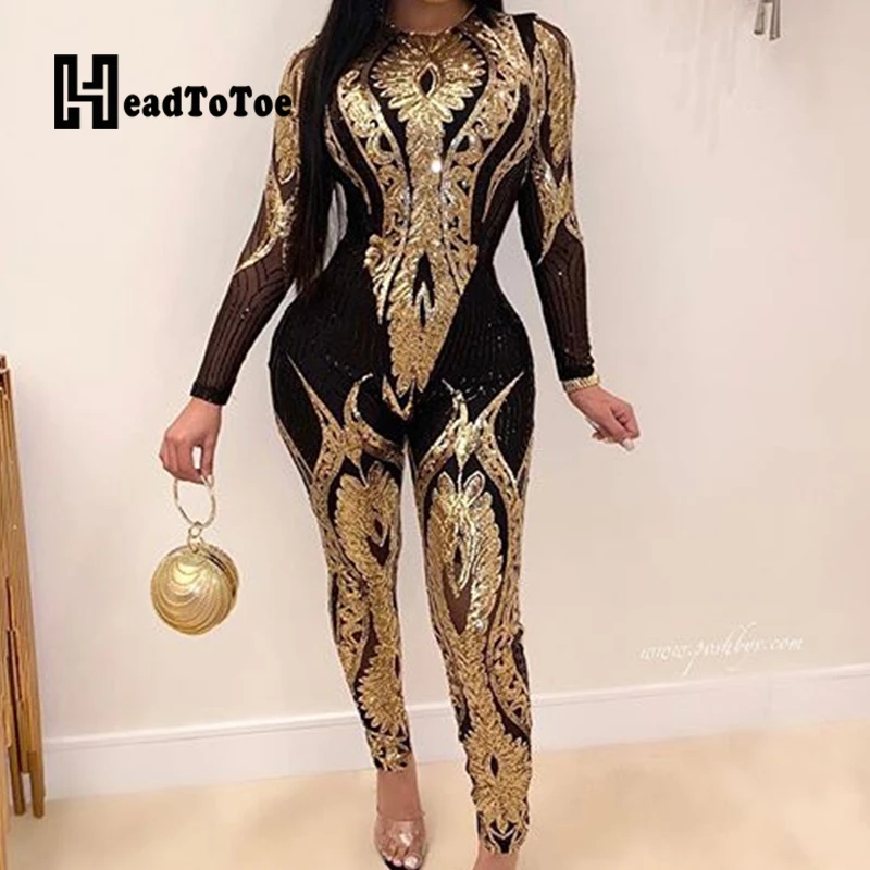 

Sexy See Through Hallow Out Sequins Rompers Womens Jumpsuit Elegant Skinny Party Clubwear One Piece Overalls Jumpsuits