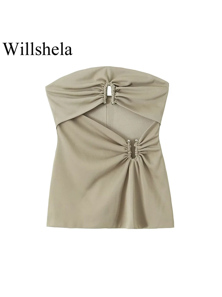 

Willshela Women Fashion Light Green Pleated Hollow Out Side Zipper Corset Tops Vintage Strapless Female Chic Lady Outfits