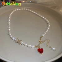 baroque natural freshwater pearl necklace fashion classic luxury geometric red heart pendant clavicle necklace sweater chain