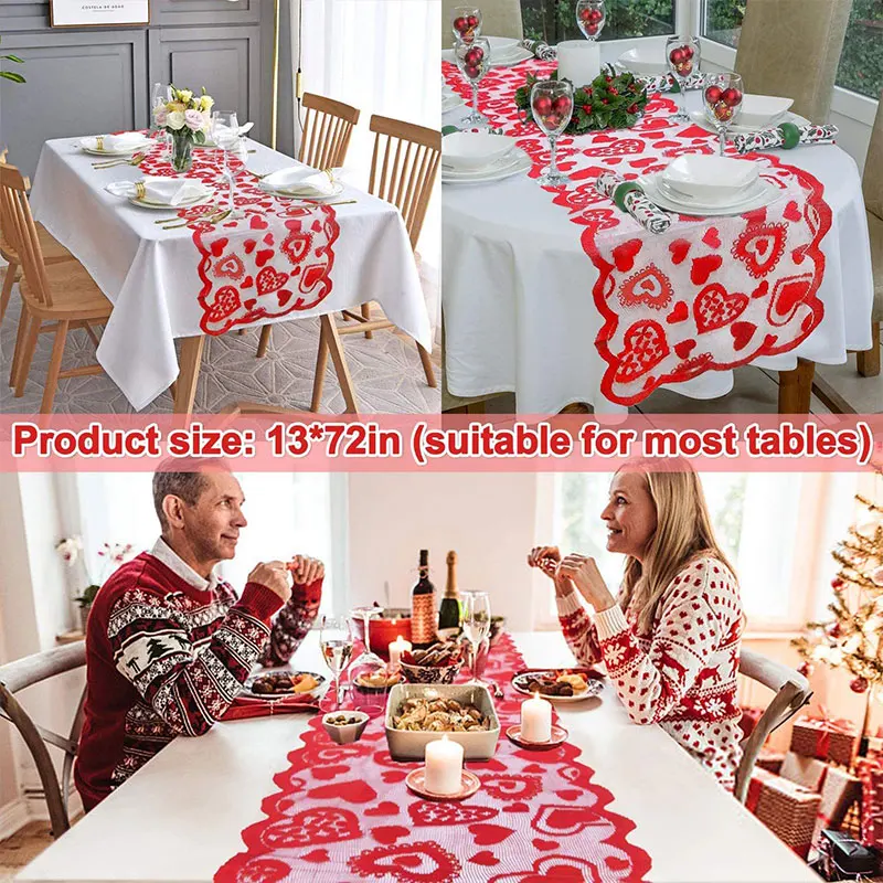 

Red Love Heart Lace Table Runner Placemats For Home Indoor Wedding Valentine's Day Gift Table Cloth Party Decorations Supplies