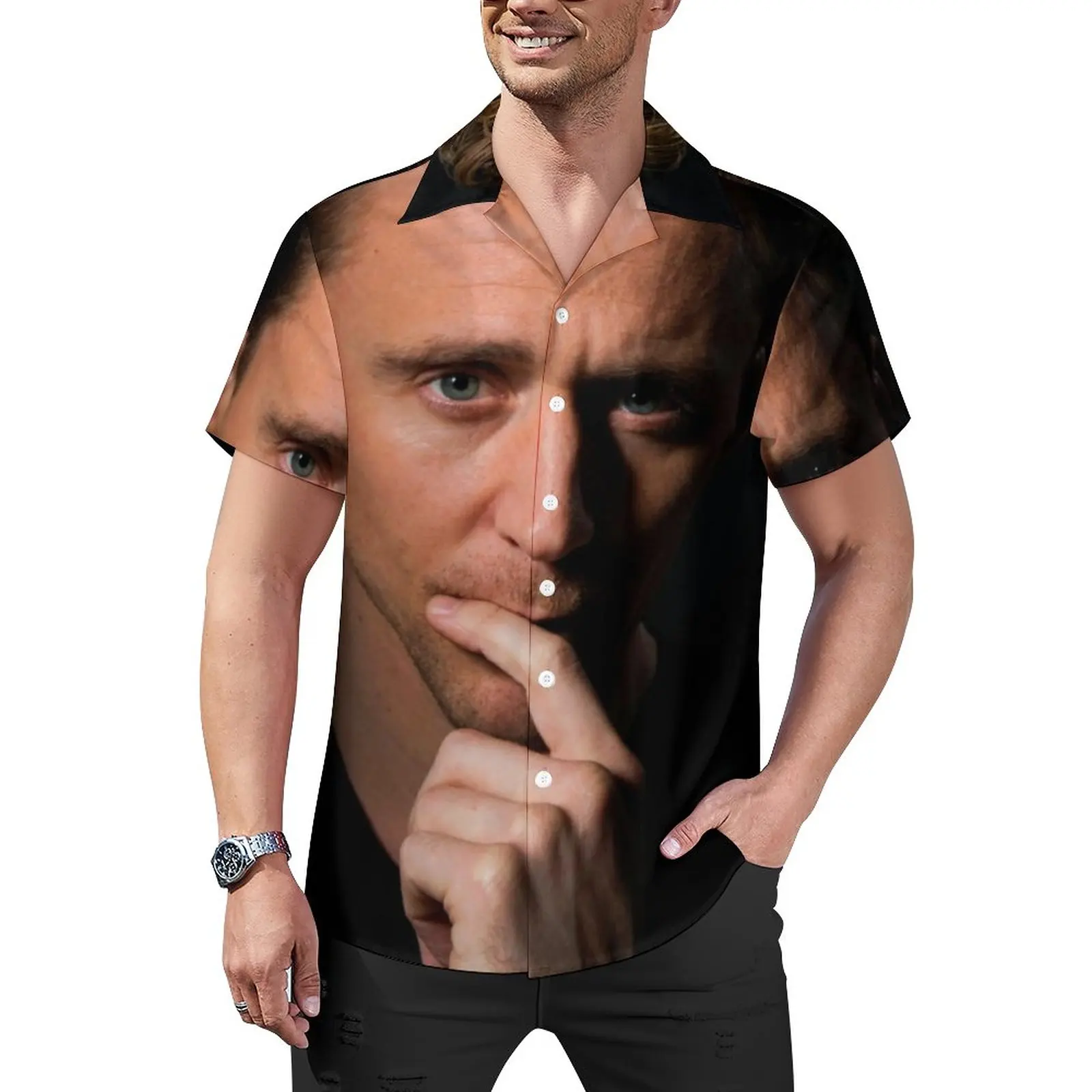 

Свободная Рубашка Tom Hiddleston с принтом, мужские повседневные рубашки для отпуска, гавайская графическая винтажная блузка большого размера с коротким рукавом