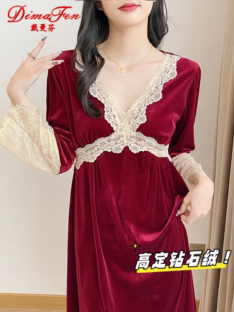 Dai Manfen [Gift Box] Autumn and Winter Diamond Velvet Warm Nightdress Women Year of Fate Red Wedding Pajamas Morning Gowns