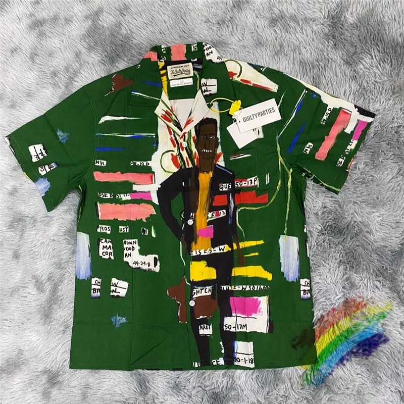 

Oversized Green Graffiti WACKO MARIA Shirt Men Women WACKO MARIA Hawaii Shirt Fashion Casual Top Tees