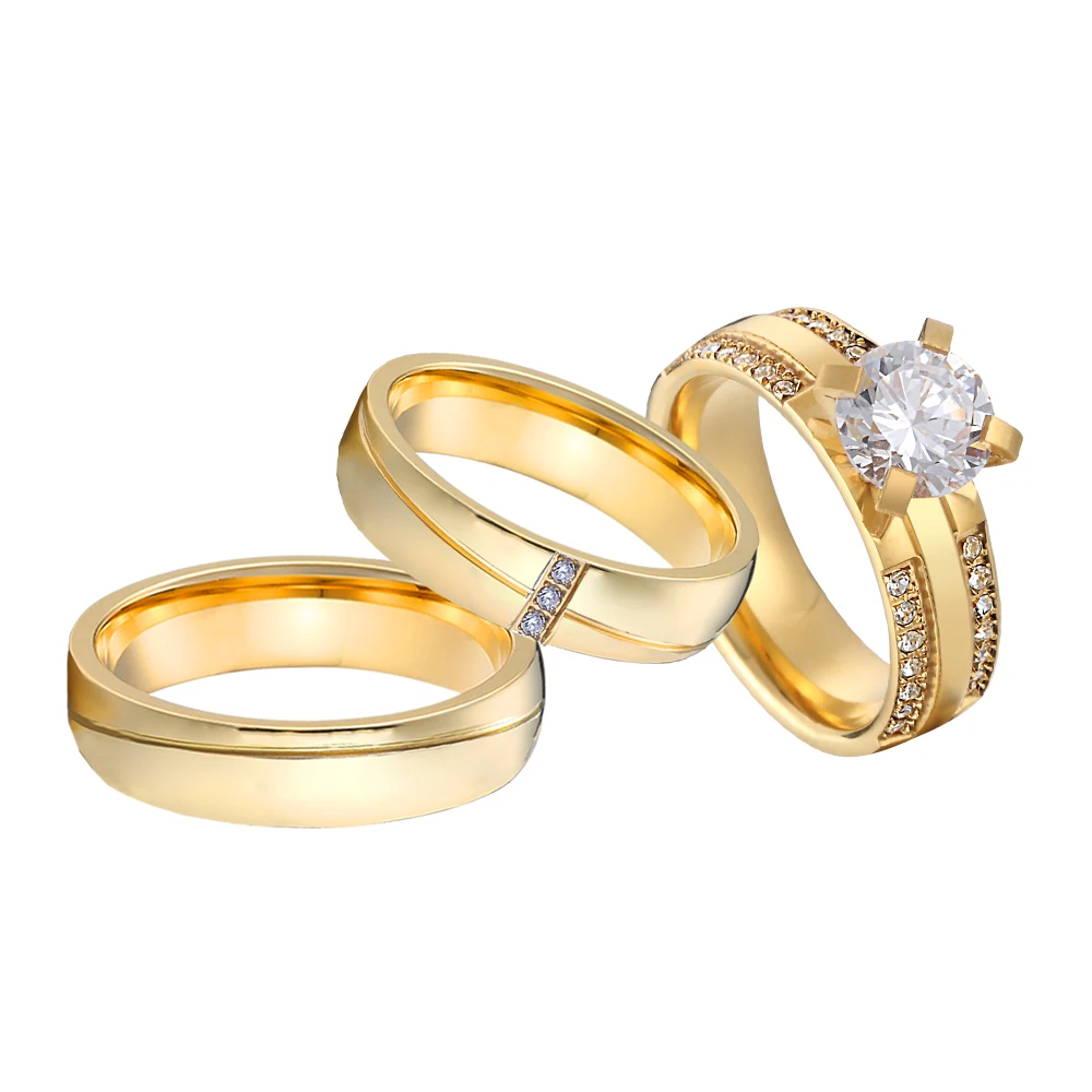 

3pcs Bridal Promise Wedding Engagement Rings Sets For Couples Love Alliance 24k Gold Plated Jewelry Ring Comfort Fit