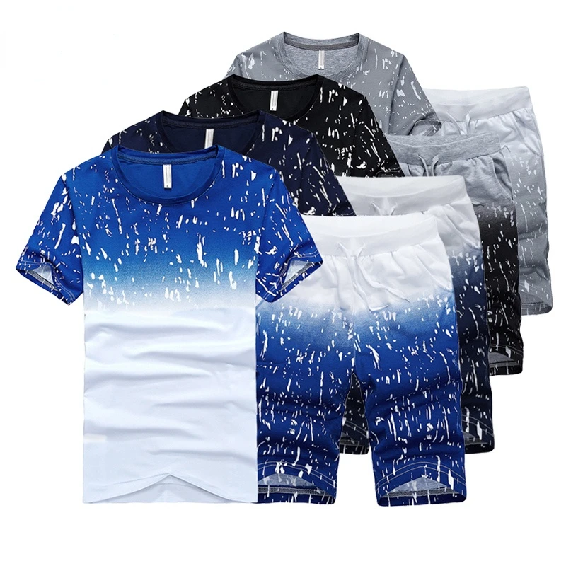 

Men's Blue Gradient Summer Short Sleeve+Shorts Tracksuit Sweatsuit 2PC Thin Breathable Sport Running Set Male Casual Shorts Tee