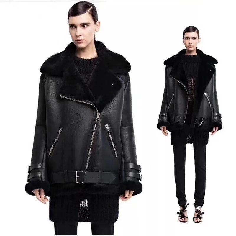 

Winter Casual Windproof B3 Bomober Shearing Fur Clothing China Black Women's High Quality Design Fashion Genuine Leather Jacket